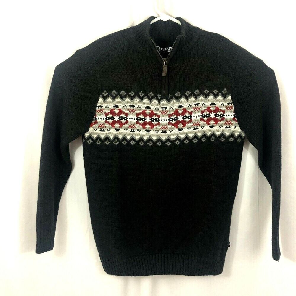 Chaps Mens Sweater Size Small Fair Isle 1/4 Zip Pullover Dark Gray Ski Holiday